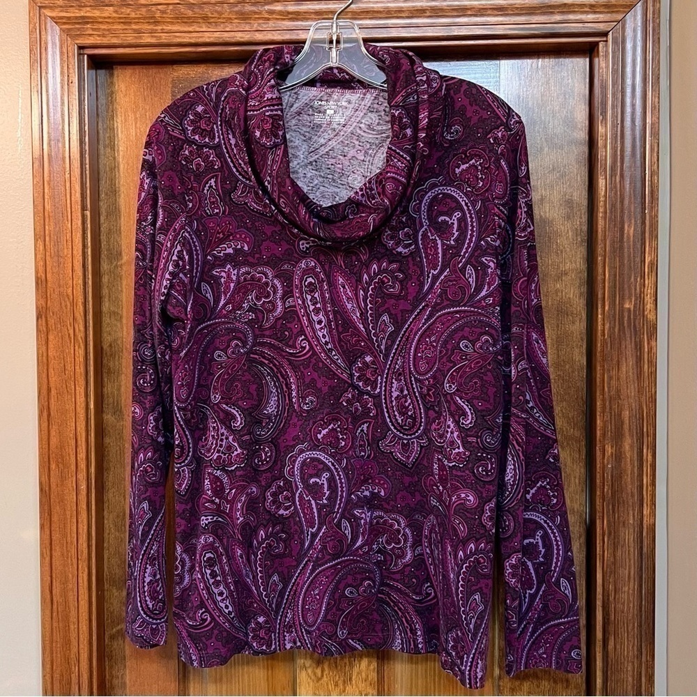 Jones New York Sport Pullover Top‎ Cowl Neck LS Purple Paisley Sz L EUC